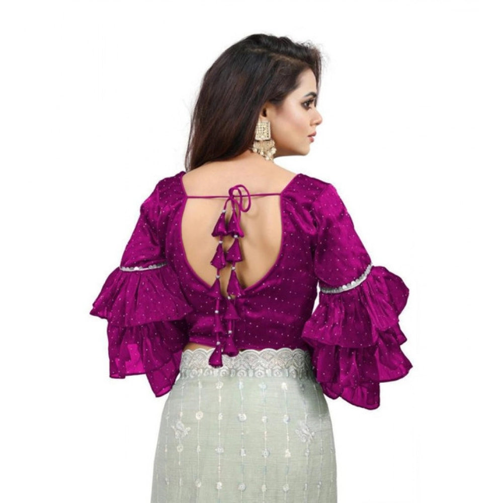 Groovy Women's Organza Solid V Neck Layered Ruffle Sleeve Readymade Blouse (Magenta Free Size, up to 38“40 Bust)