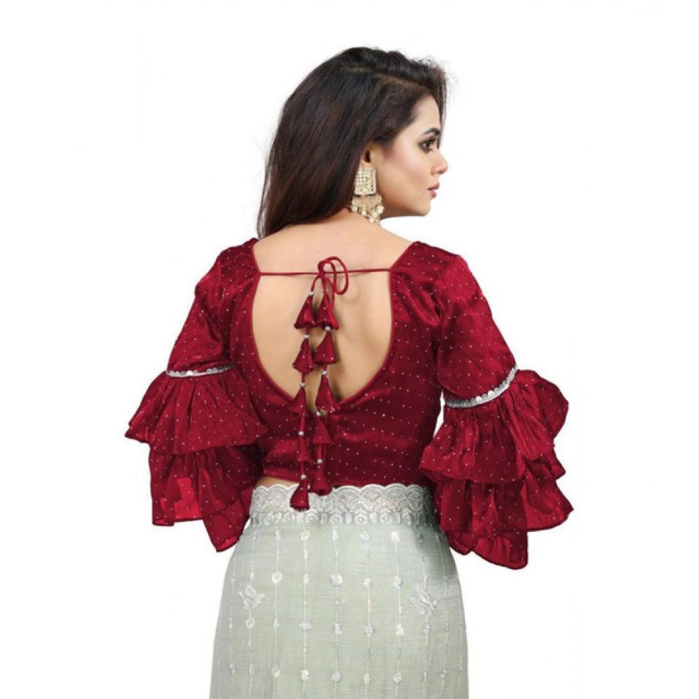 Groovy Women's Organza Solid V Neck Layered Ruffle Sleeve Readymade Blouse (Maroon Free Size, up to 38“40 Bust)
