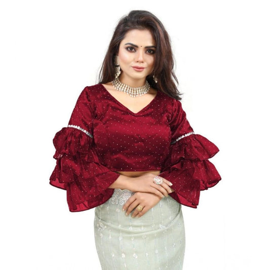 Groovy Women's Organza Solid V Neck Layered Ruffle Sleeve Readymade Blouse (Maroon Free Size, up to 38“40 Bust)