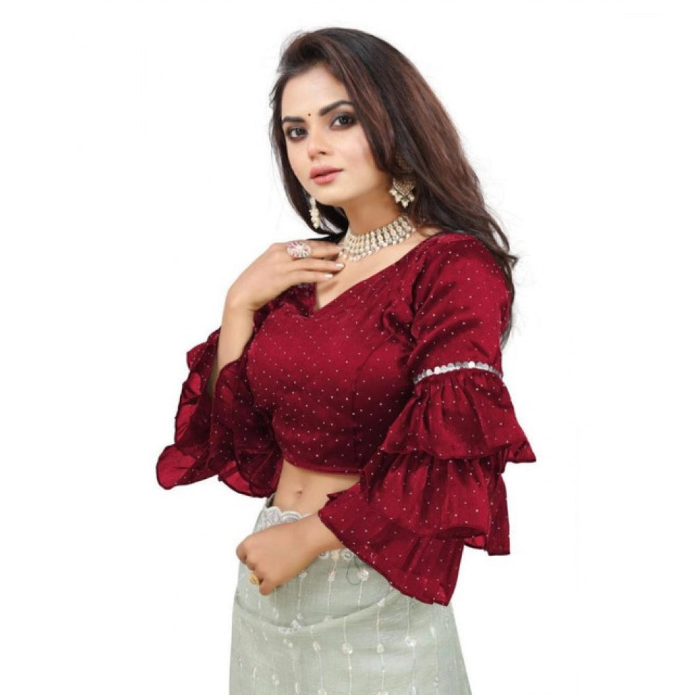 Groovy Women's Organza Solid V Neck Layered Ruffle Sleeve Readymade Blouse (Maroon Free Size, up to 38“40 Bust)