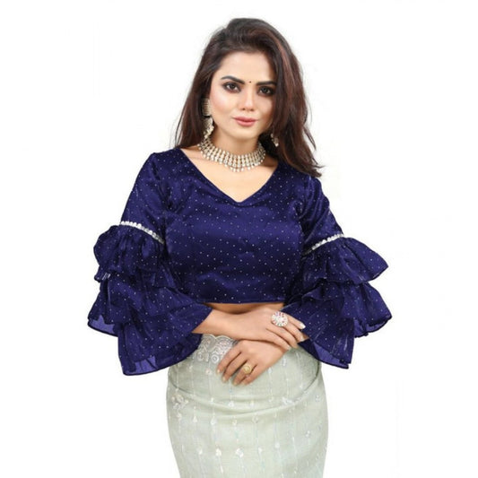 Groovy Women's Organza Solid V Neck Layered Ruffle Sleeve Readymade Blouse (Navy Free Size, up to 38“40 Bust)