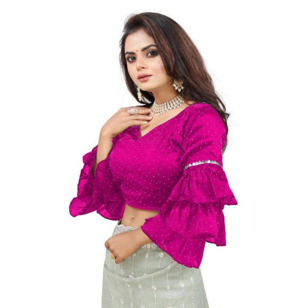 Groovy Women's Organza Solid V Neck Layered Ruffle Sleeve Readymade Blouse (Pink Free Size, up to 38“40 Bust)