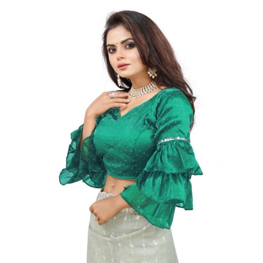 Groovy Women's Organza Solid V Neck Layered Ruffle Sleeve Readymade Blouse (Rama Free Size, up to 38“40 Bust)