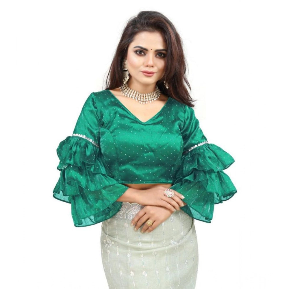 Groovy Women's Organza Solid V Neck Layered Ruffle Sleeve Readymade Blouse (Rama Free Size, up to 38“40 Bust)