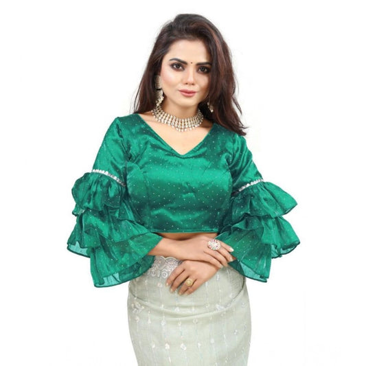Groovy Women's Organza Solid V Neck Layered Ruffle Sleeve Readymade Blouse (Rama Free Size, up to 38“40 Bust)