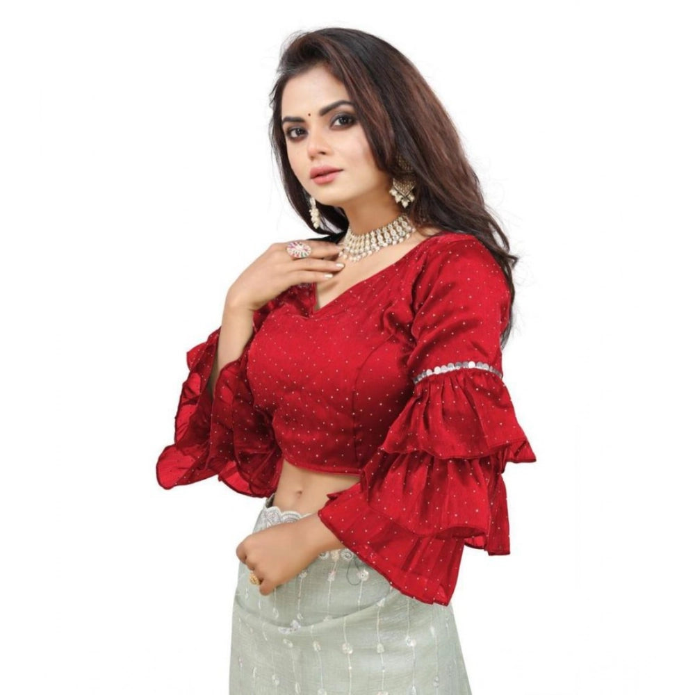 Groovy Women's Organza Solid V Neck Layered Ruffle Sleeve Readymade Blouse (Red Free Size, up to 38“40 Bust)