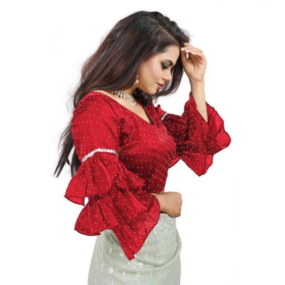 Groovy Women's Organza Solid V Neck Layered Ruffle Sleeve Readymade Blouse (Red Free Size, up to 38“40 Bust)