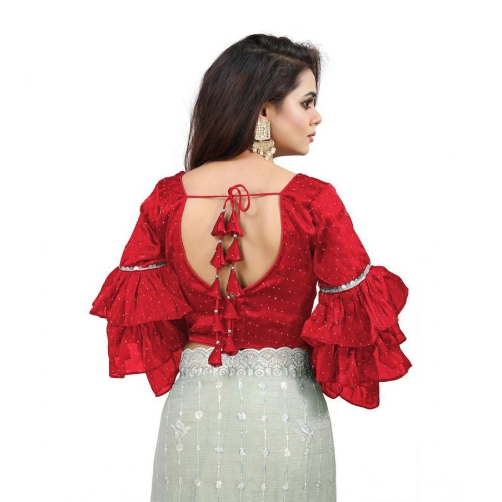 Groovy Women's Organza Solid V Neck Layered Ruffle Sleeve Readymade Blouse (Red Free Size, up to 38“40 Bust)