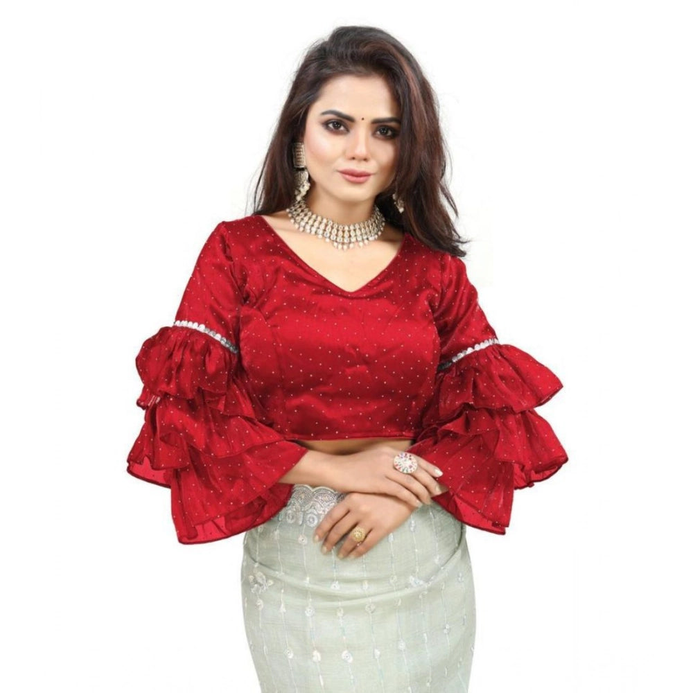 Groovy Women's Organza Solid V Neck Layered Ruffle Sleeve Readymade Blouse (Red Free Size, up to 38“40 Bust)
