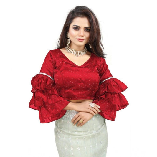 Groovy Women's Organza Solid V Neck Layered Ruffle Sleeve Readymade Blouse (Red Free Size, up to 38“40 Bust)