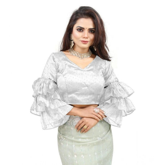 Groovy Women's Organza Solid V Neck Layered Ruffle Sleeve Readymade Blouse (White Free Size, up to 38“40 Bust)