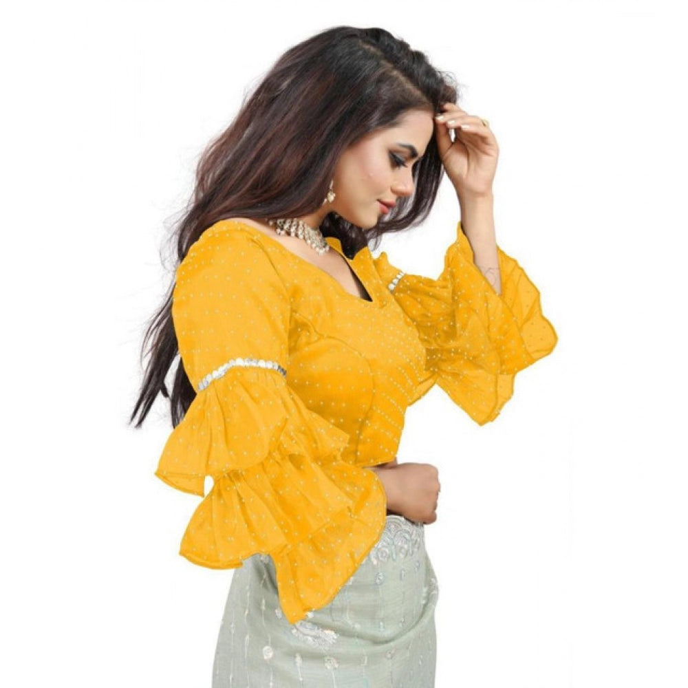 Groovy Women's Organza Solid V Neck Layered Ruffle Sleeve Readymade Blouse (Yellow Free Size, up to 38“40 Bust)