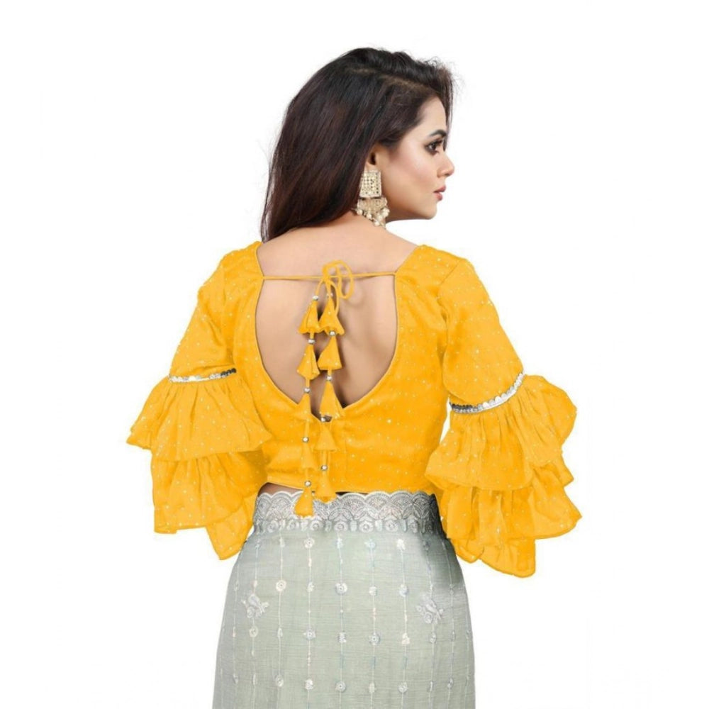 Groovy Women's Organza Solid V Neck Layered Ruffle Sleeve Readymade Blouse (Yellow Free Size, up to 38“40 Bust)