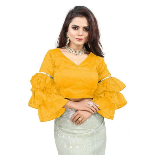 Groovy Women's Organza Solid V Neck Layered Ruffle Sleeve Readymade Blouse (Yellow Free Size, up to 38“40 Bust)