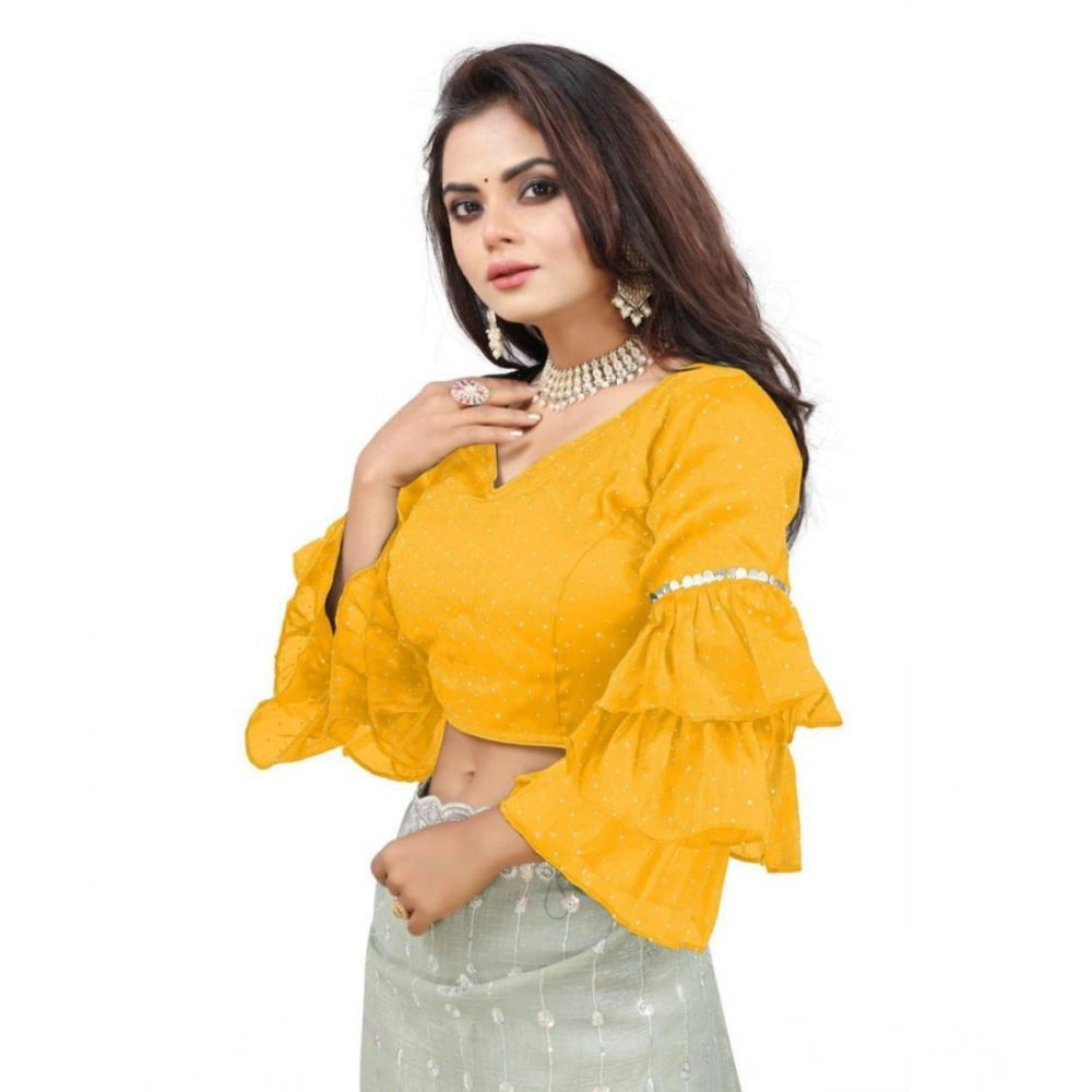Groovy Women's Organza Solid V Neck Layered Ruffle Sleeve Readymade Blouse (Yellow Free Size, up to 38“40 Bust)
