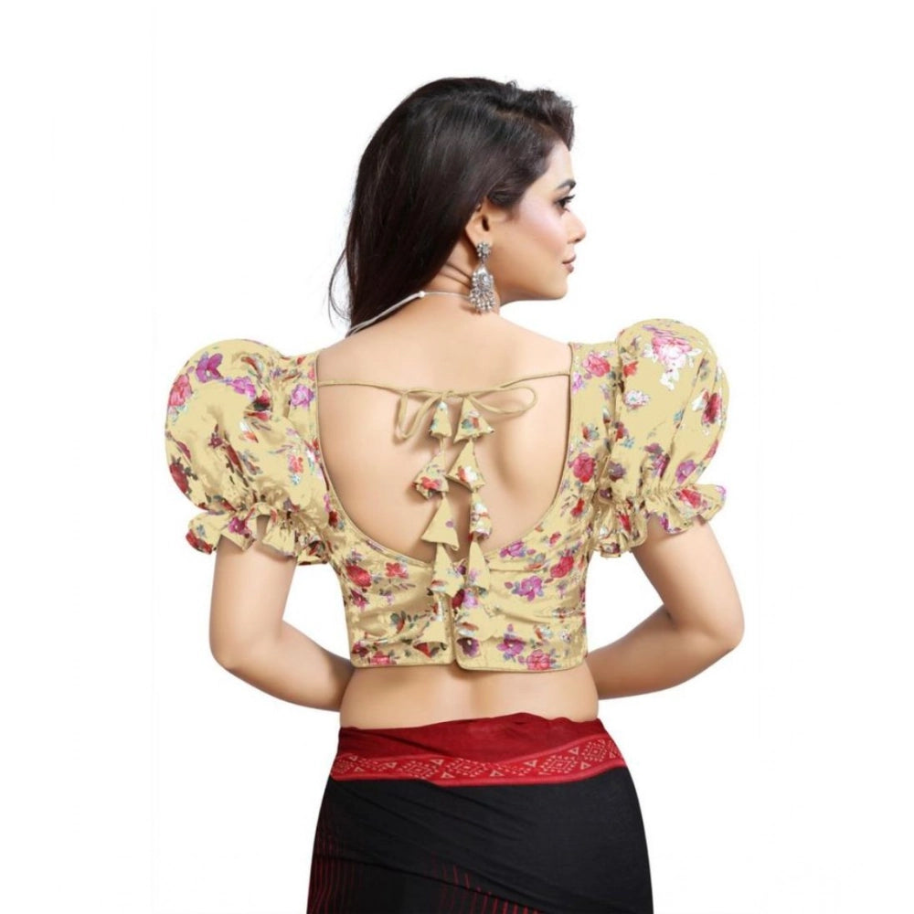 Incredible Women's Organza Printed V Neck Puff Sleeve Readymade Blouse (Beige 38, Alterable up to 42)