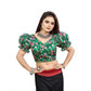 Incredible Women's Organza Printed V Neck Puff Sleeve Readymade Blouse (Green 38, Alterable up to 42)