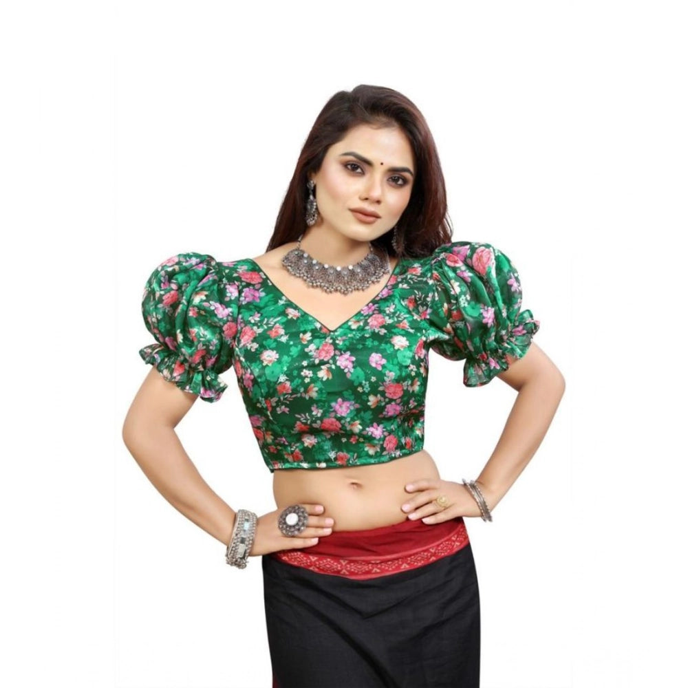 Incredible Women's Organza Printed V Neck Puff Sleeve Readymade Blouse (Green 38, Alterable up to 42)