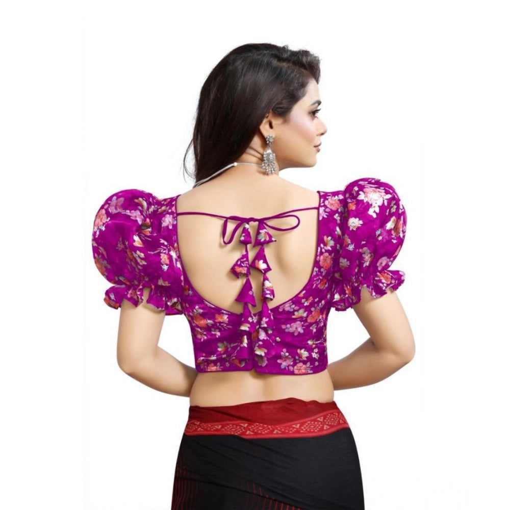 Incredible Women's Organza Printed V Neck Puff Sleeve Readymade Blouse (Light Purple 38, Alterable up to 42)