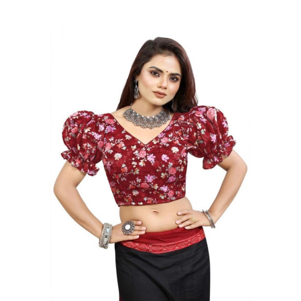 Incredible Women's Organza Printed V Neck Puff Sleeve Readymade Blouse (Maroon 38, Alterable up to 42)