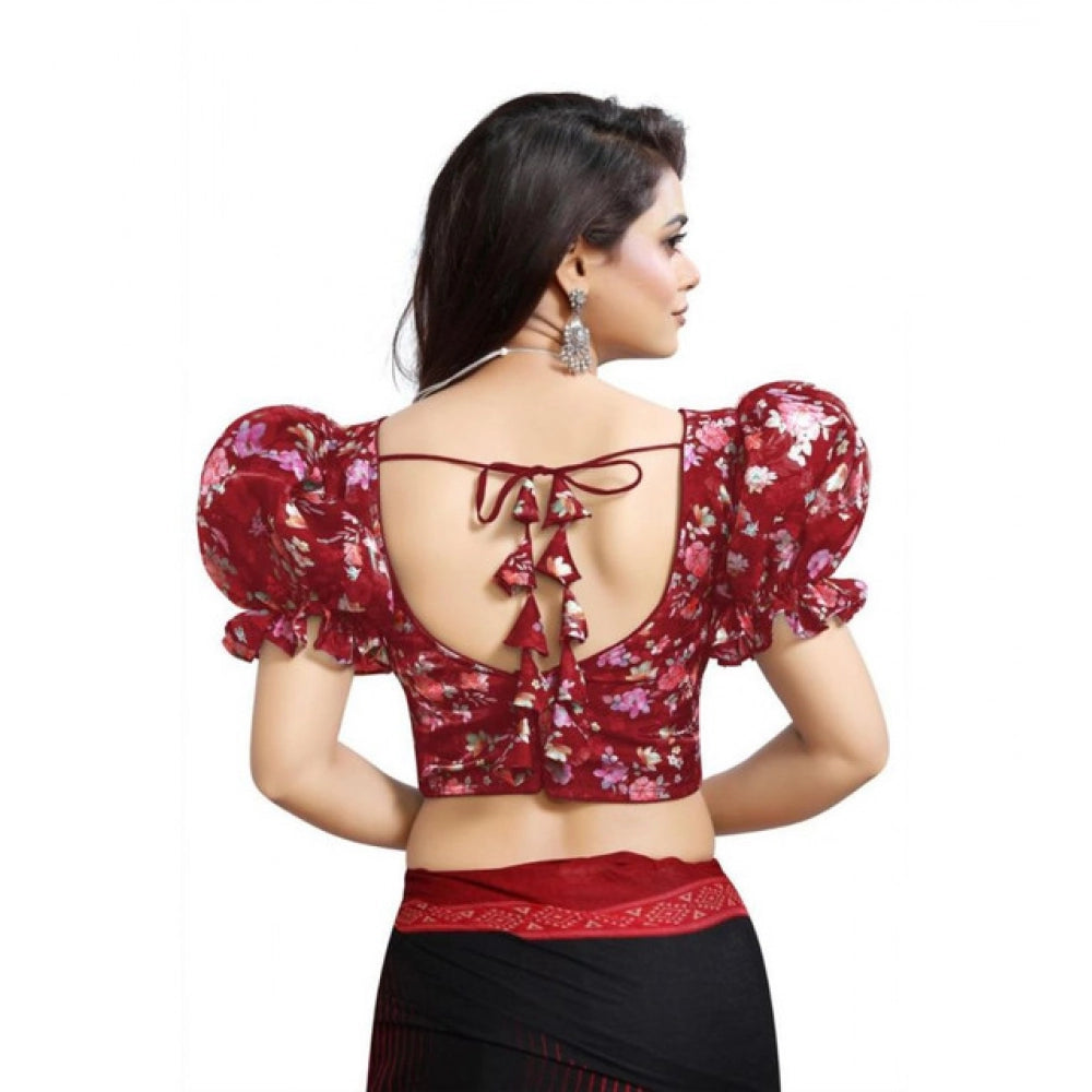 Incredible Women's Organza Printed V Neck Puff Sleeve Readymade Blouse (Maroon 38, Alterable up to 42)