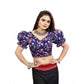 Incredible Women's Organza Printed V Neck Puff Sleeve Readymade Blouse (Navy 38, Alterable up to 42)