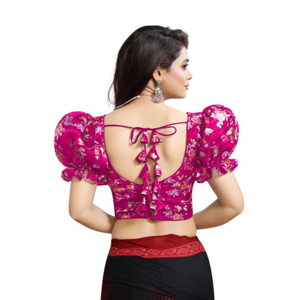 Incredible Women's Organza Printed V Neck Puff Sleeve Readymade Blouse (Pink 38, Alterable up to 42)