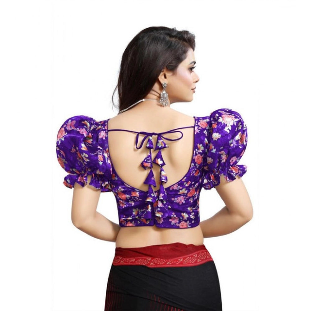 Incredible Women's Organza Printed V Neck Puff Sleeve Readymade Blouse (Purple 38, Alterable up to 42)