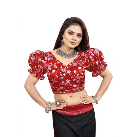 Incredible Women's Organza Printed V Neck Puff Sleeve Readymade Blouse (Red 38, Alterable up to 42)