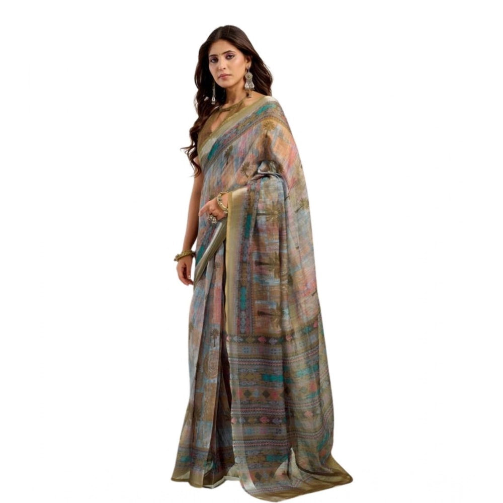 Sassy Women's Faux Linen Printed Ready to wear Saree With Blouse Piece