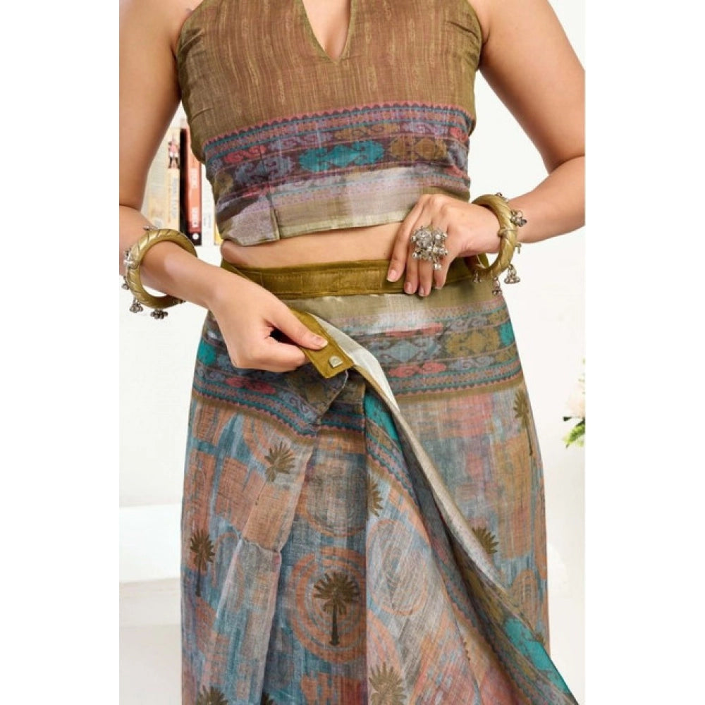 Sassy Women's Faux Linen Printed Ready to wear Saree With Blouse Piece