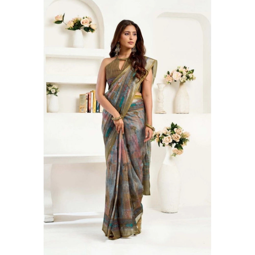Sassy Women's Faux Linen Printed Ready to wear Saree With Blouse Piece