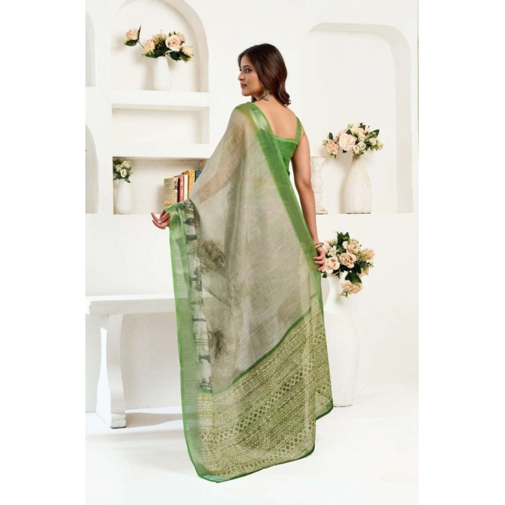 Sassy Women's Faux Linen Printed Ready to wear Saree With Blouse Piece