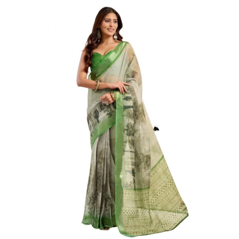 Sassy Women's Faux Linen Printed Ready to wear Saree With Blouse Piece
