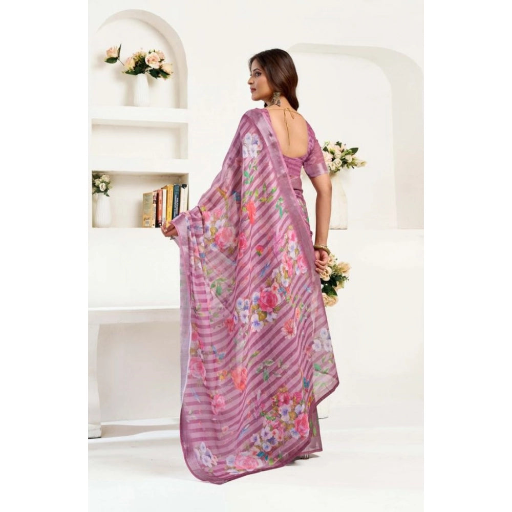 Sassy Women's Faux Linen Floral Print Ready to wear Saree With Blouse Piece