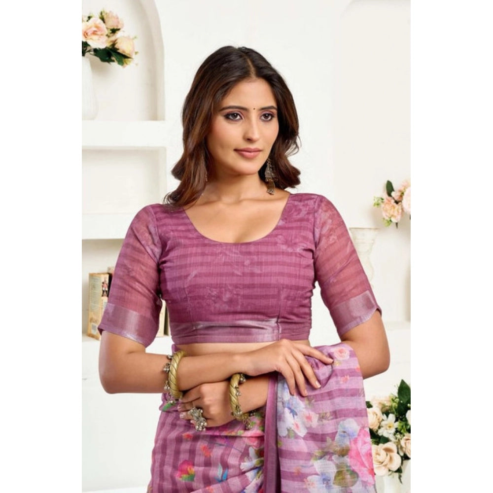 Sassy Women's Faux Linen Floral Print Ready to wear Saree With Blouse Piece