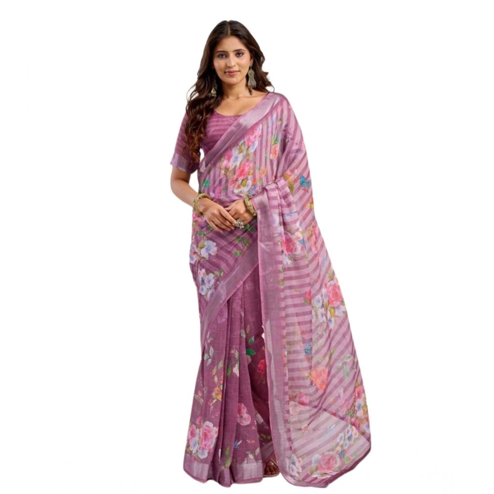 Sassy Women's Faux Linen Floral Print Ready to wear Saree With Blouse Piece