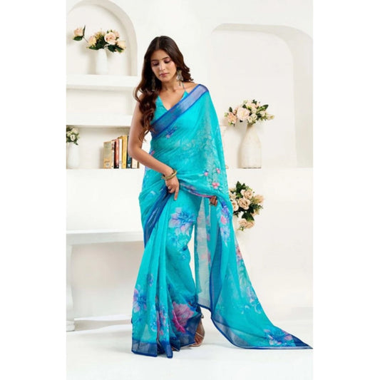 Sassy Women's Faux Linen Floral Print Ready to wear Saree With Blouse Piece