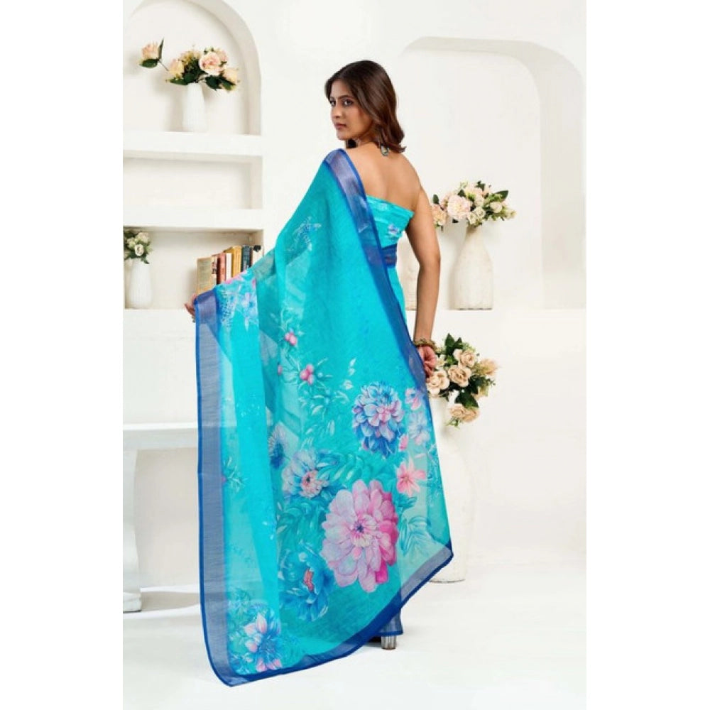 Sassy Women's Faux Linen Floral Print Ready to wear Saree With Blouse Piece