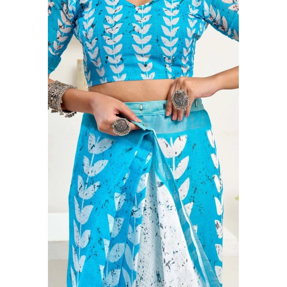 Sassy Women's Faux Linen Leaf Print Ready to wear Saree With Blouse Piece