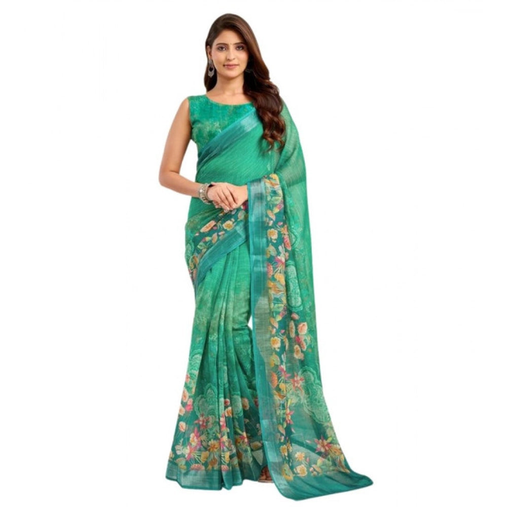 Sassy Women's Faux Linen Floral Ready to wear Saree With Blouse Piece