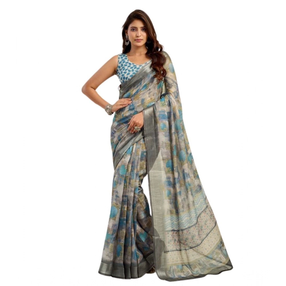 Sassy Women's Faux Linen Abstract Print Ready to wear Saree With Blouse Piece