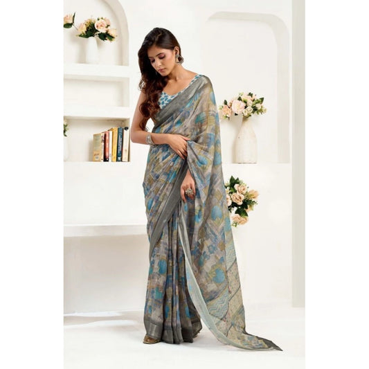 Sassy Women's Faux Linen Abstract Print Ready to wear Saree With Blouse Piece