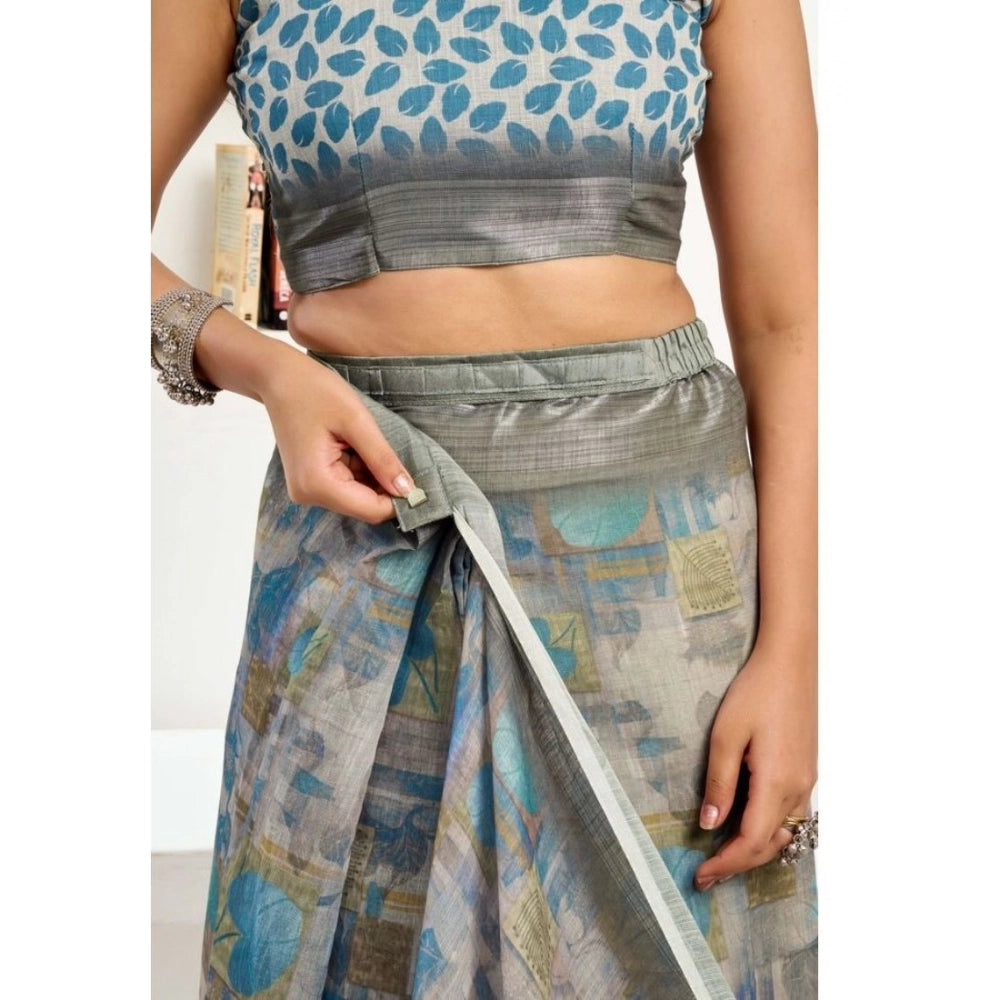 Sassy Women's Faux Linen Abstract Print Ready to wear Saree With Blouse Piece