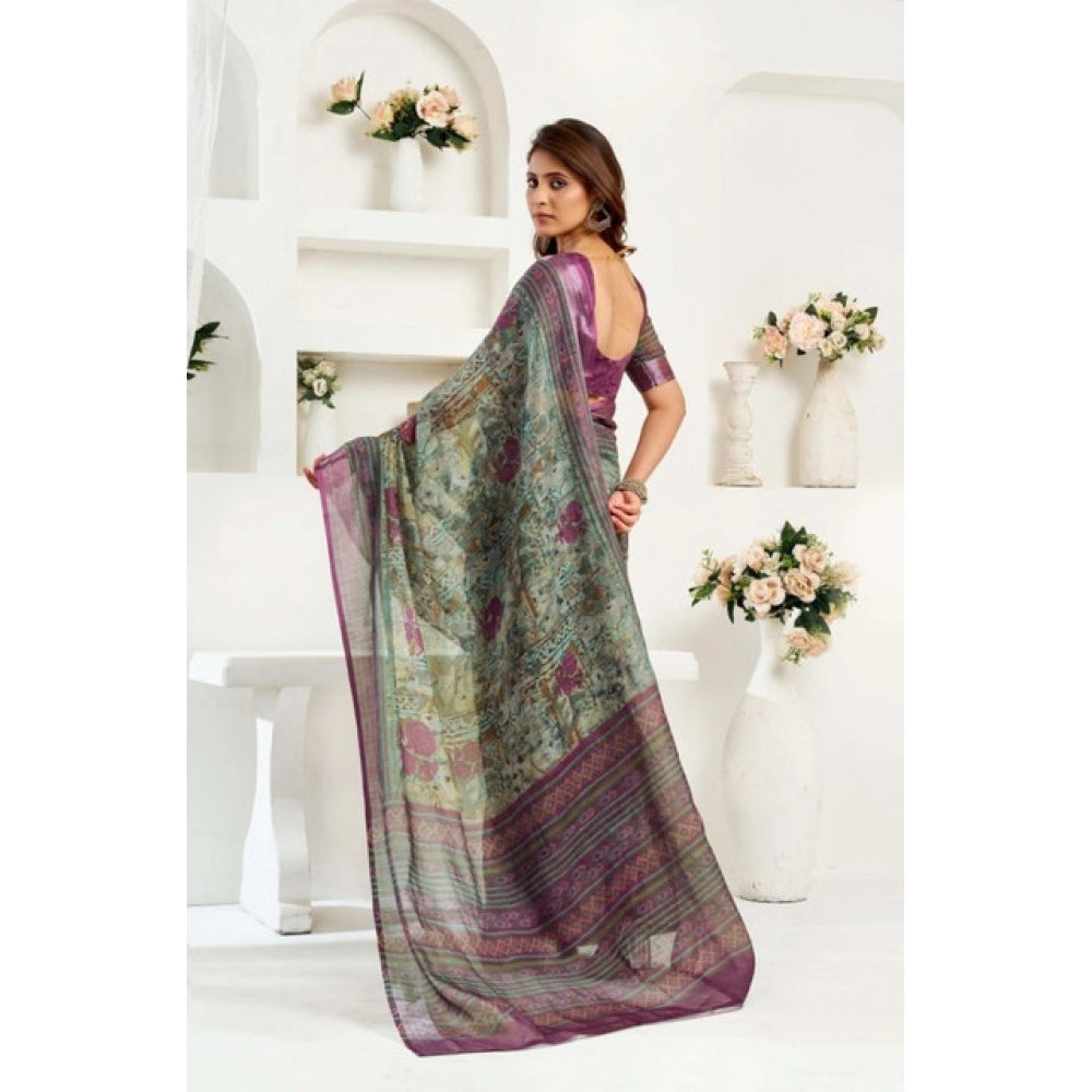 Sassy Women's Faux Linen Printed Ready to wear Saree With Blouse Piece