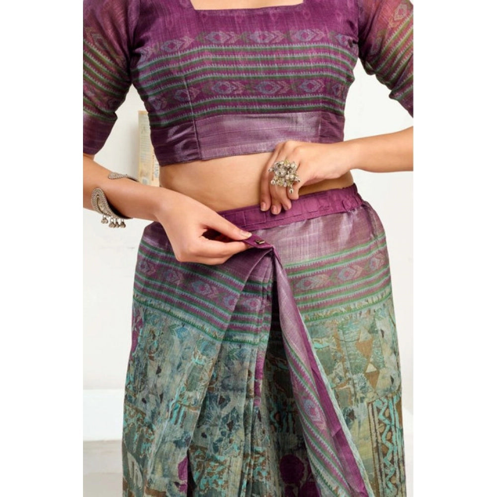 Sassy Women's Faux Linen Printed Ready to wear Saree With Blouse Piece