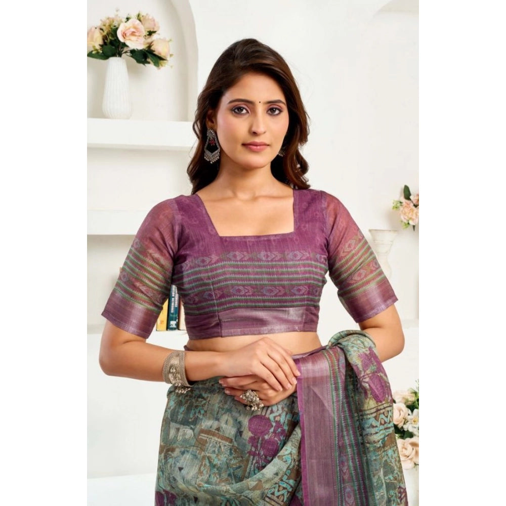 Sassy Women's Faux Linen Printed Ready to wear Saree With Blouse Piece