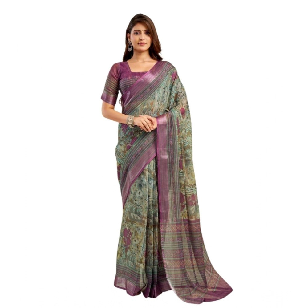 Sassy Women's Faux Linen Printed Ready to wear Saree With Blouse Piece
