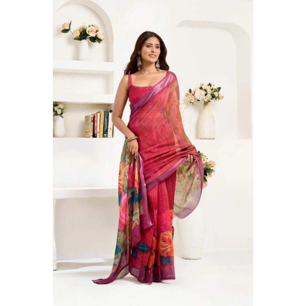 Sassy Women's Faux Linen Floral Print Ready to wear Saree With Blouse Piece