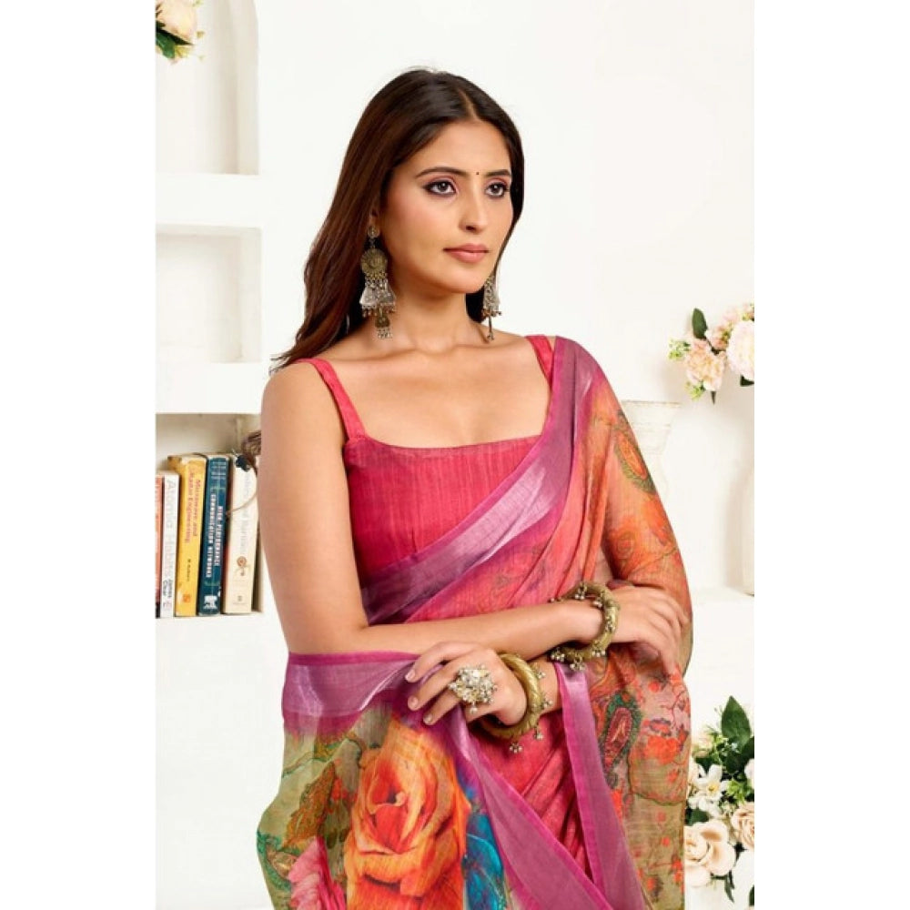 Sassy Women's Faux Linen Floral Print Ready to wear Saree With Blouse Piece